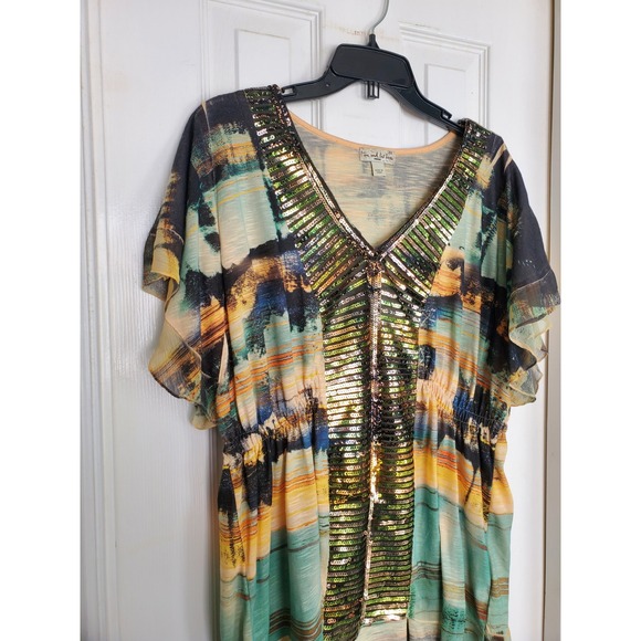 live and let live Tops - Live and Let Live Tunic Top Green Yellow Sequin V-Neck Boho Flutter Sleeve 2X